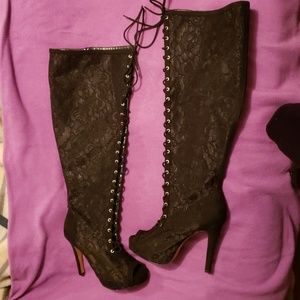 Torrid black lace peep toe boots